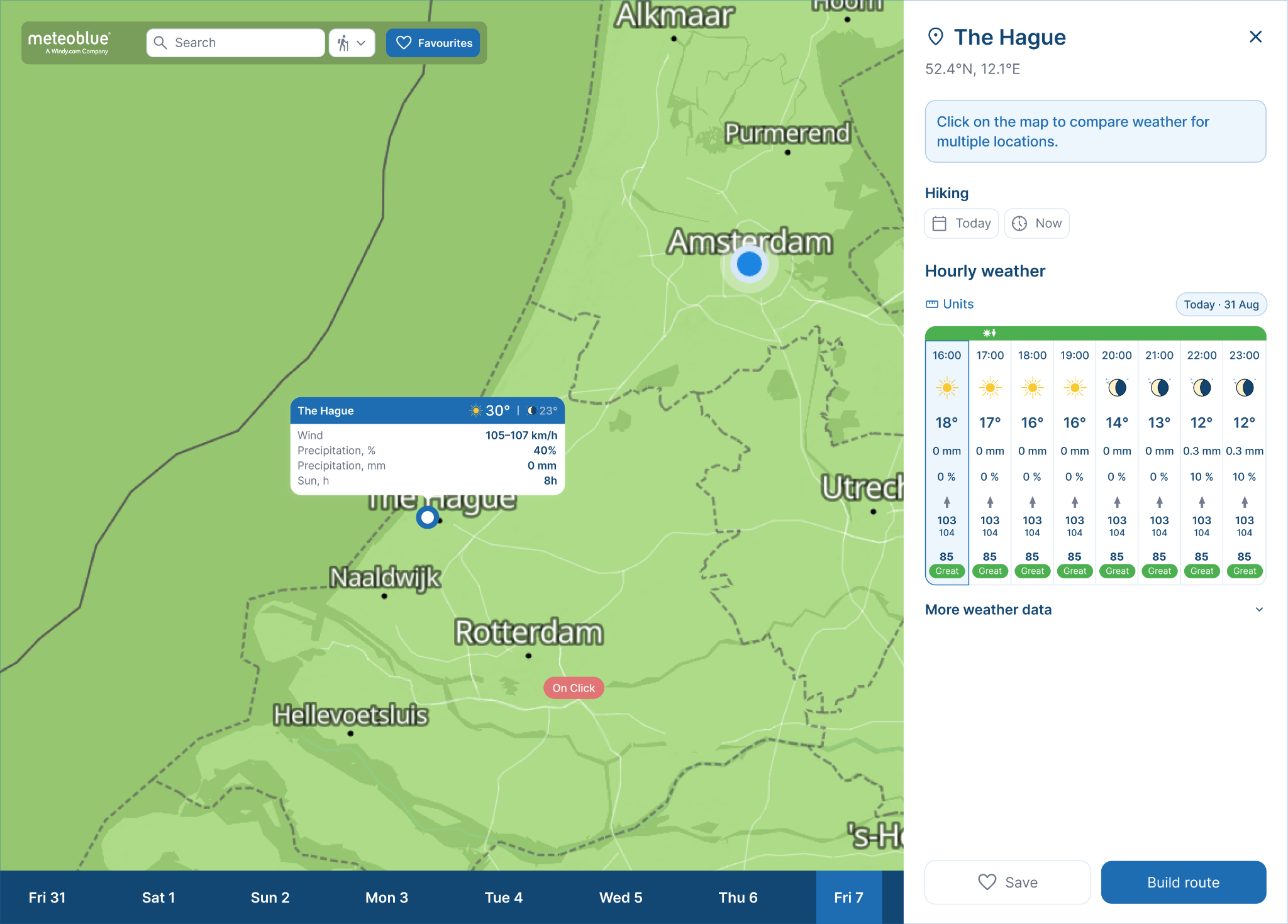 Weather details for a selected location